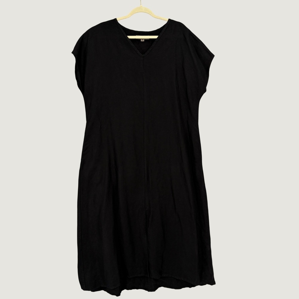 FLAX Yara Linen Blend V-Neck Drop Shoulder Maxi Dress Black Pockets Size M
